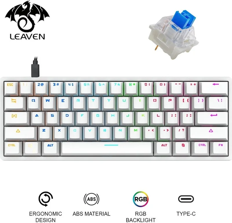 Valkyrie Leaven K620 Blue Switch Mechanical Gaming Gaming Keyboard RGB 61 Key Blue Key Type-C Keyboard White