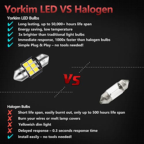 Yorkim 28mm De3175 LED Bulb White Super Bright Festoon 28mm 29mm bulb Error Free CANBUS 6-SMD 2835 Chipsets For Interior Lights, DE3022 3175 3022 LED Bulb - Pack of 2 - Image 4