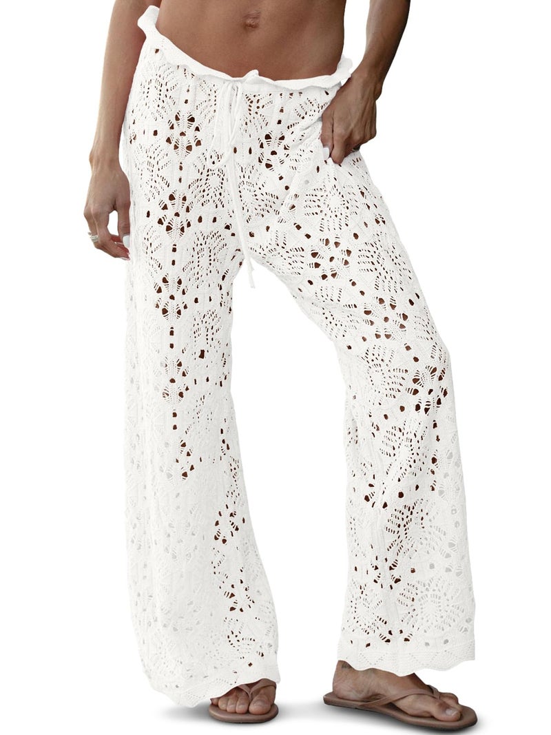 Saodimallsu Womens Crochet Beach Cover Up Pants Drawstring High Waist Sexy Sheer Mesh Knit Wide Leg Pant Beachwear White - Image 1
