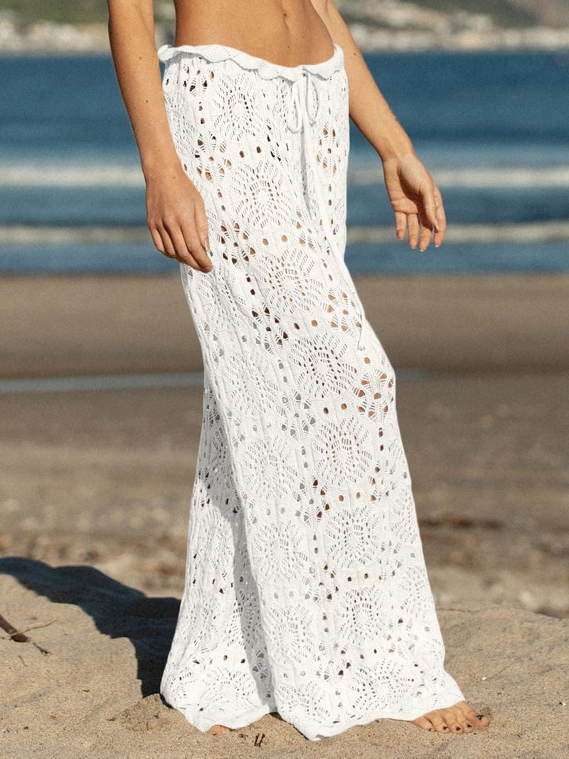 Saodimallsu Womens Crochet Beach Cover Up Pants Drawstring High Waist Sexy Sheer Mesh Knit Wide Leg Pant Beachwear White - Image 3