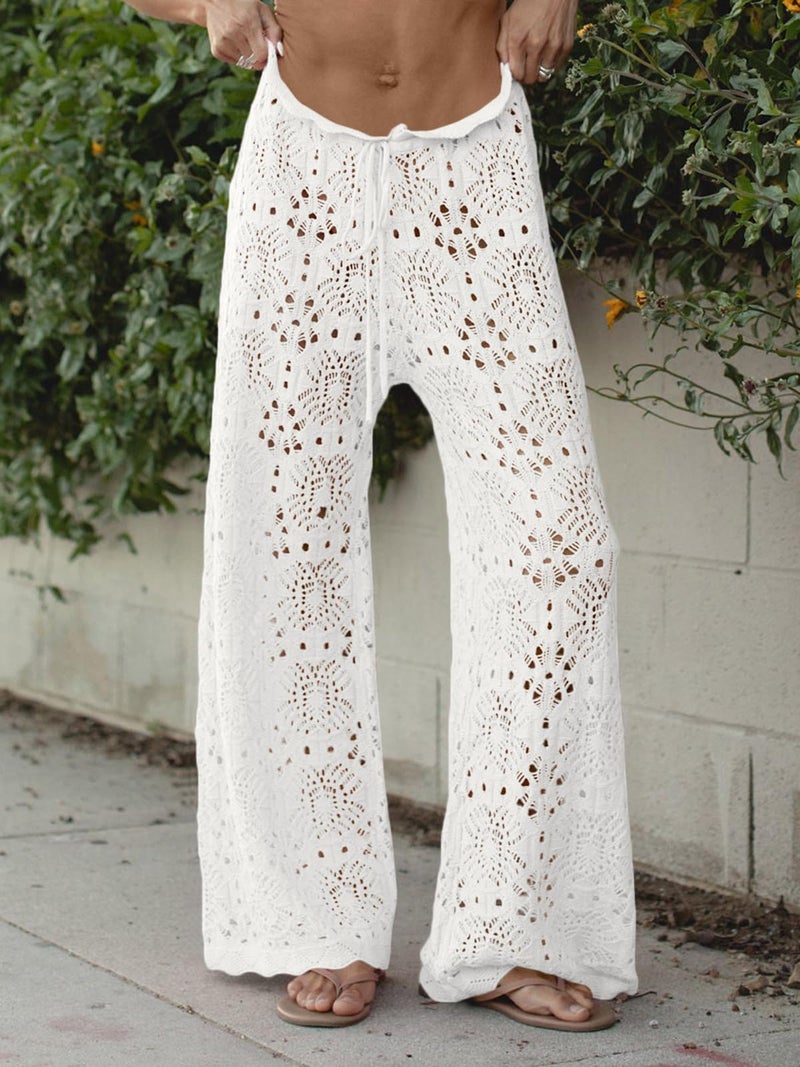 Saodimallsu Womens Crochet Beach Cover Up Pants Drawstring High Waist Sexy Sheer Mesh Knit Wide Leg Pant Beachwear White - Image 2
