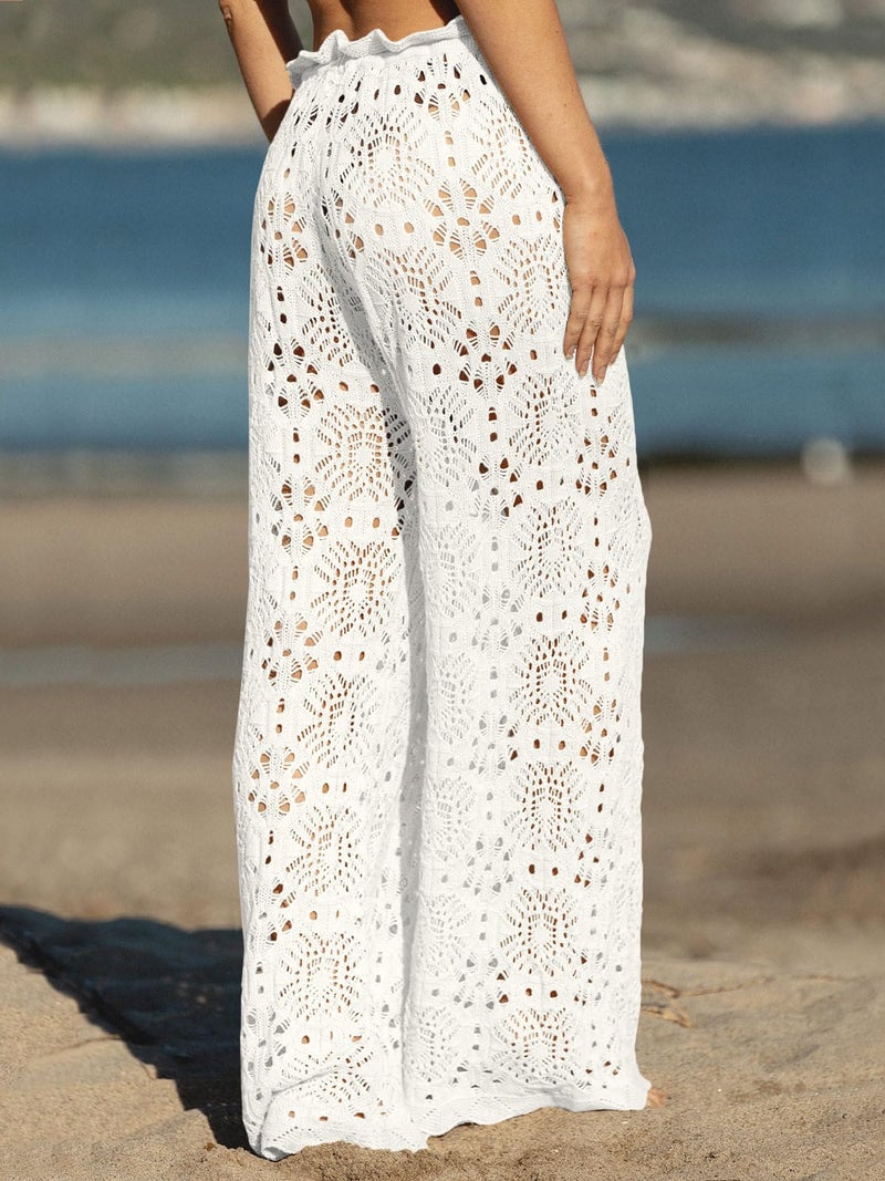 Saodimallsu Womens Crochet Beach Cover Up Pants Drawstring High Waist Sexy Sheer Mesh Knit Wide Leg Pant Beachwear White - Image 4