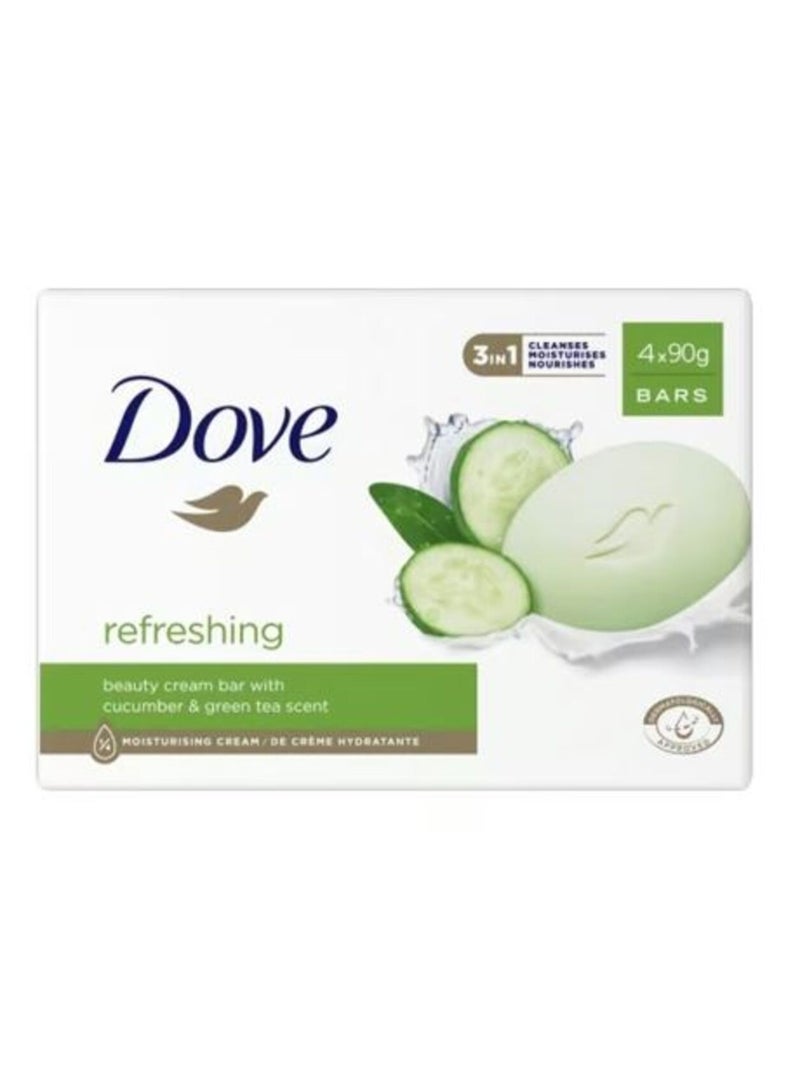 دوف صابون دوف للعناية بالبشرة المنعش، لبشرة أكثر نعومة، بخلاصة الخيار والشاي الأخضر، ترطيب أكثر من الصابون العادي، 4 قطع × 90 غرام - Image 1