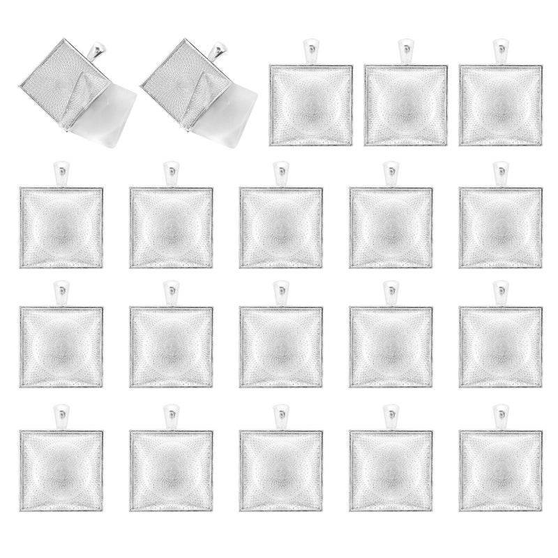 Miraclekoo Miraclekoo 40 Pcs Square Bezel Pendant Trays with Glass Dome Cabochon 25 mm Blanks Bezel Cabochons Set for Jewelry MakingPhoto PendantResin Craft Simple Edge 