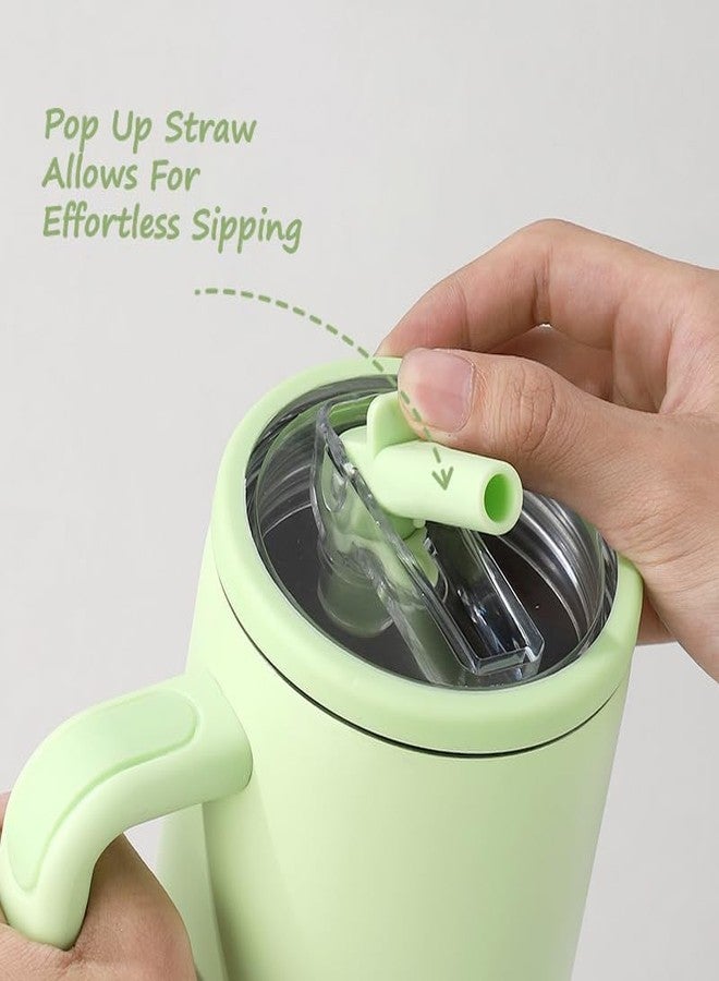 JUGTE كوب JUGTE سعة 1200 مل مصنوع من الفولاذ المقاوم للصدأ، مناسب للمشروبات الساخنة والباردة، مزود بمقبض وغطاء، وقشة واحدة، وكوب معزول مزدوج، مانع للتسرب بنسبة 100%، وحامل أكواب، مثالي للنادي الرياضي والسفر (4Gen أخضر) - Image 3