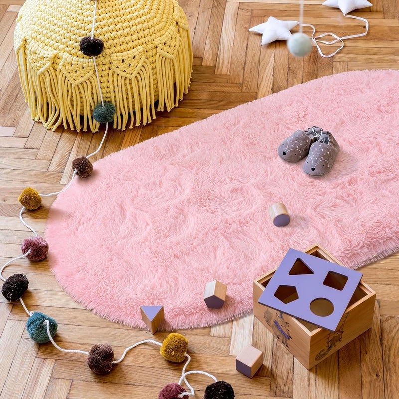 Moofcy Solid Color Area Rug – Soft Plush Carpet for Living Room, Bedroom, Kids Room, Kitchen – Multiple Sizes, Shapes & Colors – Non-Slip, Easy to Clean Modern Floor Rug - (Pink, Oval, 3x5 feet) - Image 4