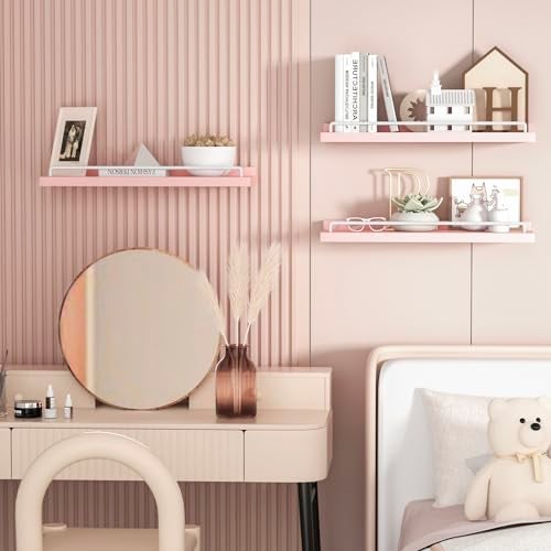 RYOFOBETTO Pink and White Floating Shelves, Kawaii Room Decor Wall Shelves - Set of 3 for Living Room, Bedroom, Kitchen, Picture Frames, Plants - Image 4