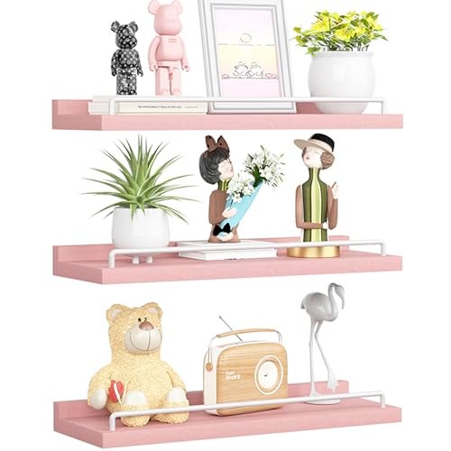 RYOFOBETTO Pink and White Floating Shelves, Kawaii Room Decor Wall Shelves - Set of 3 for Living Room, Bedroom, Kitchen, Picture Frames, Plants - Image 1