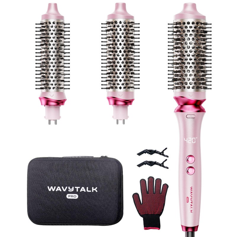 wavytalk مجموعة فرشاة حرارية ويفي توك هيت ويف برو الأيونية، فرشاة دائرية مدفأة بثلاثة أحجام للشعر القصير إلى الطويل، أيونات سلبية ثنائية للتمليس اللامع، وردي - Image 1