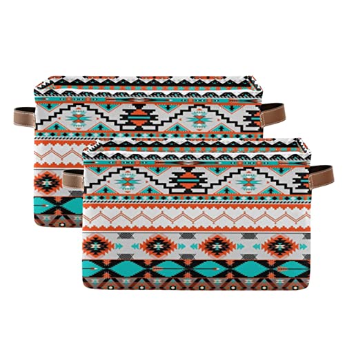 BOKEKANG Ethnic Aztec Print Storage Basket Native American Storage Bin Collapsible Retro Tribal Navajo Large Storage Baskets with Leather Handles Storage Cube Box Organizer for Closet Toys Clothes Basket1PC - Image 3