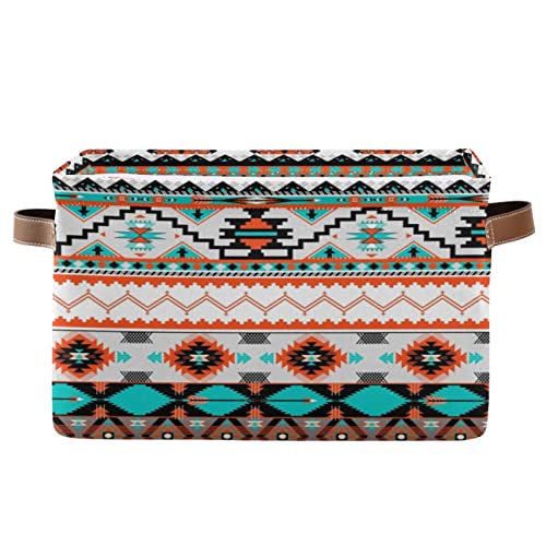 BOKEKANG Ethnic Aztec Print Storage Basket Native American Storage Bin Collapsible Retro Tribal Navajo Large Storage Baskets with Leather Handles Storage Cube Box Organizer for Closet Toys Clothes Basket1PC - Image 1