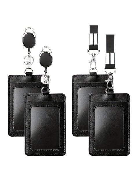 4-Piece ID Card Holder with Detachable Neck Lanyard Strap and Retractable Badge Reel Clip Keychain Leather ID Badge Holder Set for Work School and Metro Card