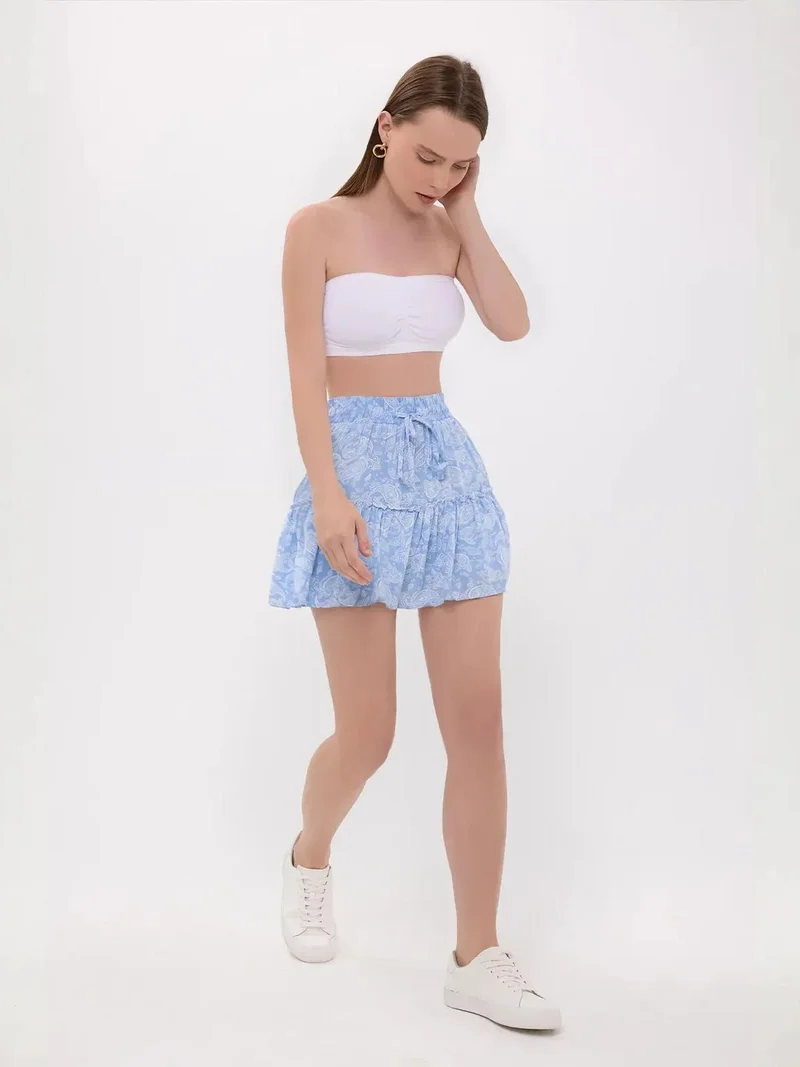 HICCUP Patterned High-Waist Woven Mini Skirt with Drawstring