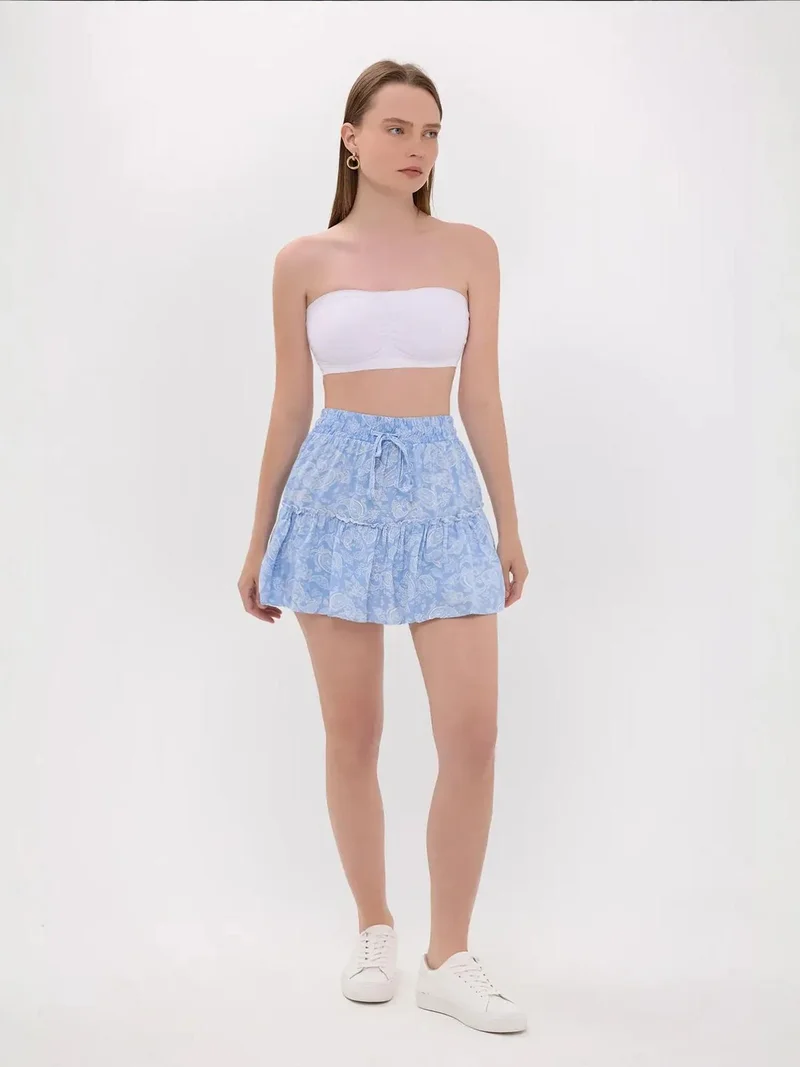 HICCUP Patterned High-Waist Woven Mini Skirt with Drawstring