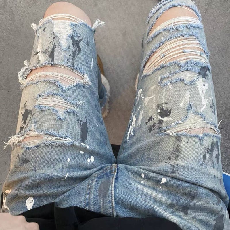 Hand-Painted Splash-Ink Jeans with Distressed High-Stretch Slim Fit for Men Blue splash ink 