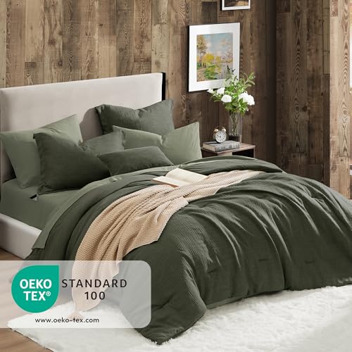 Geniospin Oversized King Comforter Set - 7 Pieces Comforter Oversized King, Soft Solid Bedding Set for All Season, Textured Bed in a Bag with Sheets, Pillowcases & Shams (Dark Green, 120''x98'') - Image 2