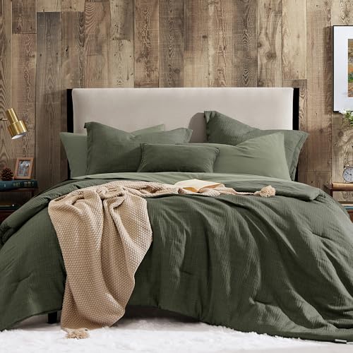 Geniospin Oversized King Comforter Set - 7 Pieces Comforter Oversized King, Soft Solid Bedding Set for All Season, Textured Bed in a Bag with Sheets, Pillowcases & Shams (Dark Green, 120''x98'') - Image 1