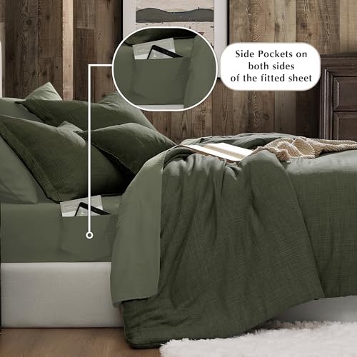 Geniospin Oversized King Comforter Set - 7 Pieces Comforter Oversized King, Soft Solid Bedding Set for All Season, Textured Bed in a Bag with Sheets, Pillowcases & Shams (Dark Green, 120''x98'') - Image 3