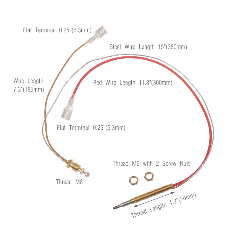 Timsec Outdoor Patio Heater Thermocouple Sensor, with M8 x 1 End Connection Nuts, M6 x 0.75 Thermocouple Head Thread and 2 Screw Nuts, 16.2" Length Wire and 0.25'' Flat Terminal - Image 3