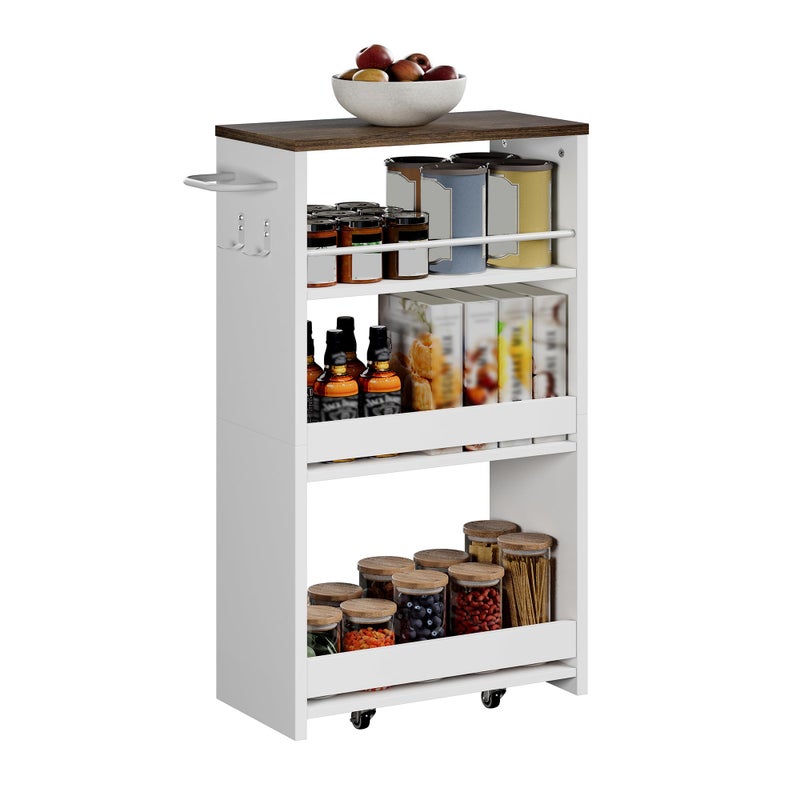 ChooChoo 4-Tier Slim Storage Cart with Handle, 7.87" W Rolling Utility Cart on Universal Wheels, Kitchen Cart Mobile Shelving Organization for Laundry Room, Bathroom & Narrow Places (Walnut & White) - Image 1