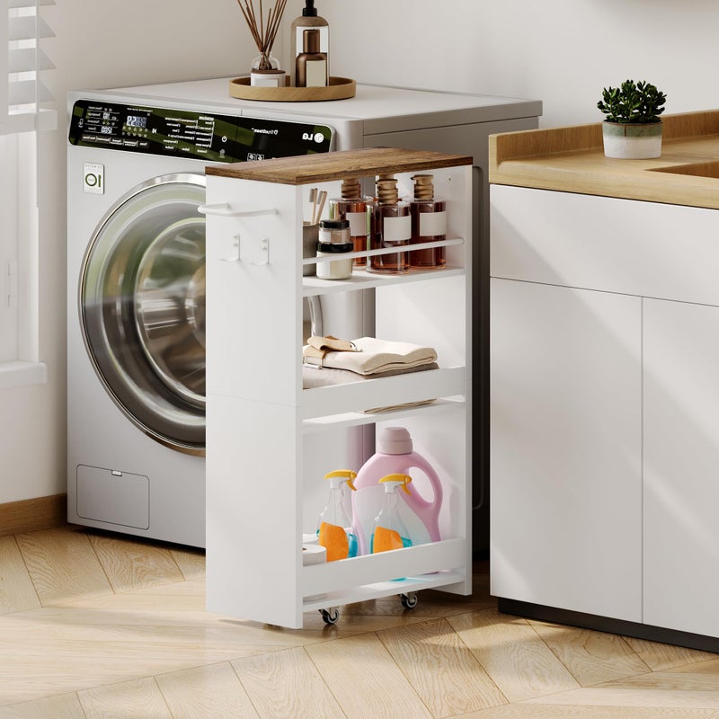 ChooChoo 4-Tier Slim Storage Cart with Handle, 7.87" W Rolling Utility Cart on Universal Wheels, Kitchen Cart Mobile Shelving Organization for Laundry Room, Bathroom & Narrow Places (Walnut & White) - Image 3