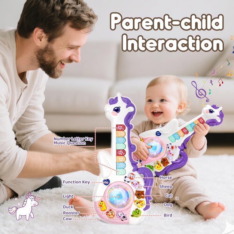 Marstone Toys for 1 2 Year Old Girl Birthday Gifts: Baby Musical Unicorn Toys 12-18 Months, Educational Cartoon Guitar for Toddler Boy Kid 1-3, Infant 1st First Interactive Learning Birthday Present - Image 2