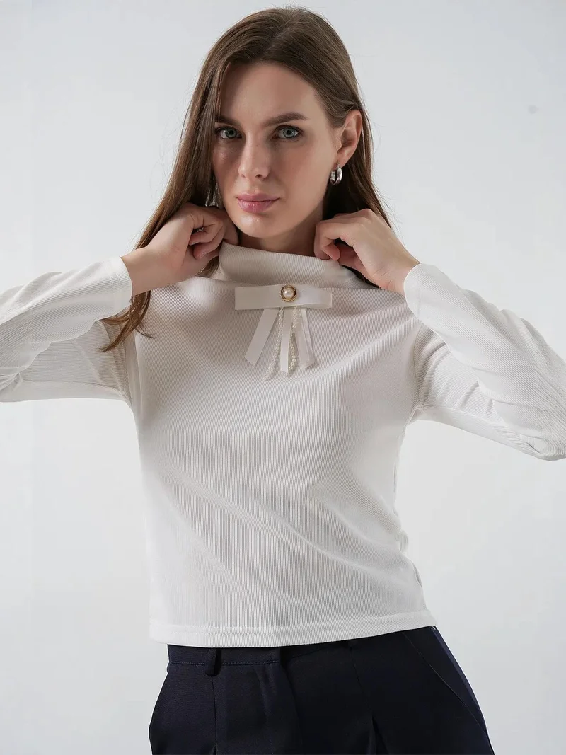 Big Dart White BDART Fitted Long Sleeve Half Turtleneck Blouse with Ribbon Detail for Women | Best Price UAE