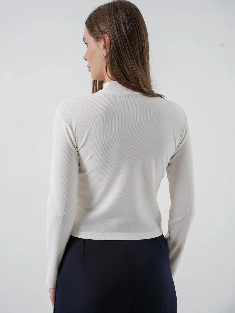 Big Dart White BDART Fitted Long Sleeve Half Turtleneck Blouse with Ribbon Detail for Women | Best Price UAE