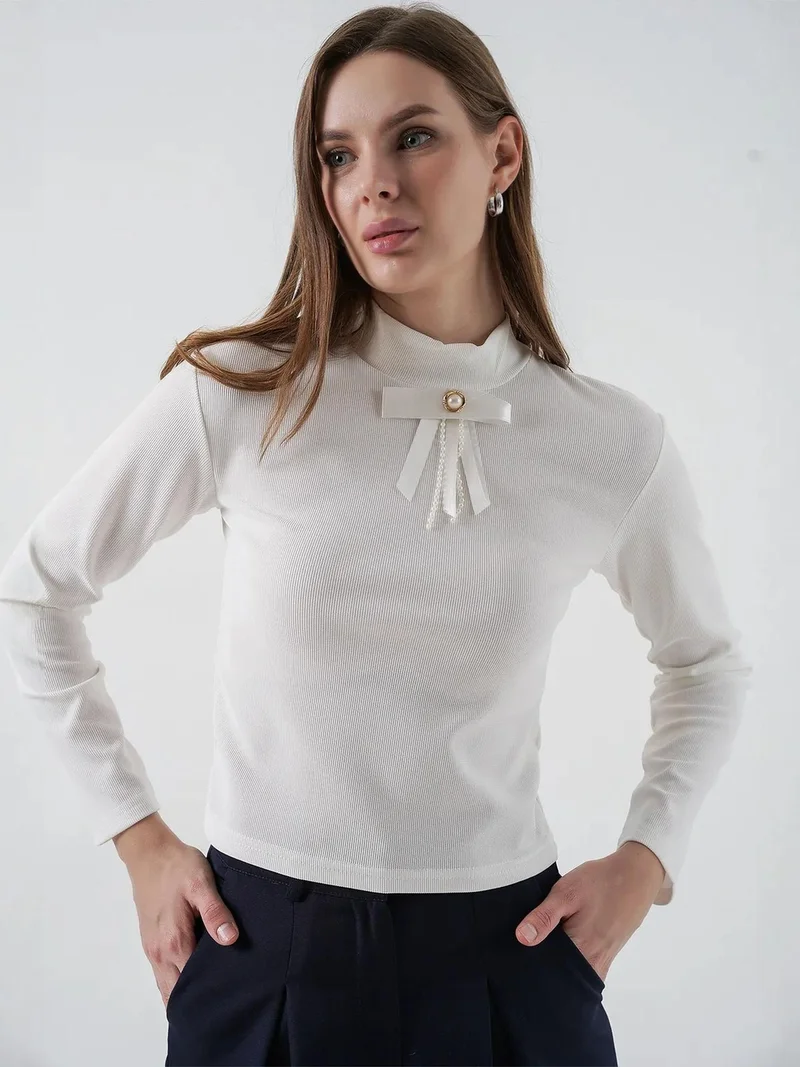 Big Dart White BDART Fitted Long Sleeve Half Turtleneck Blouse with Ribbon Detail for Women | Best Price UAE