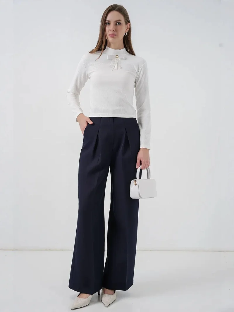 Big Dart White BDART Fitted Long Sleeve Half Turtleneck Blouse with Ribbon Detail for Women | Best Price UAE