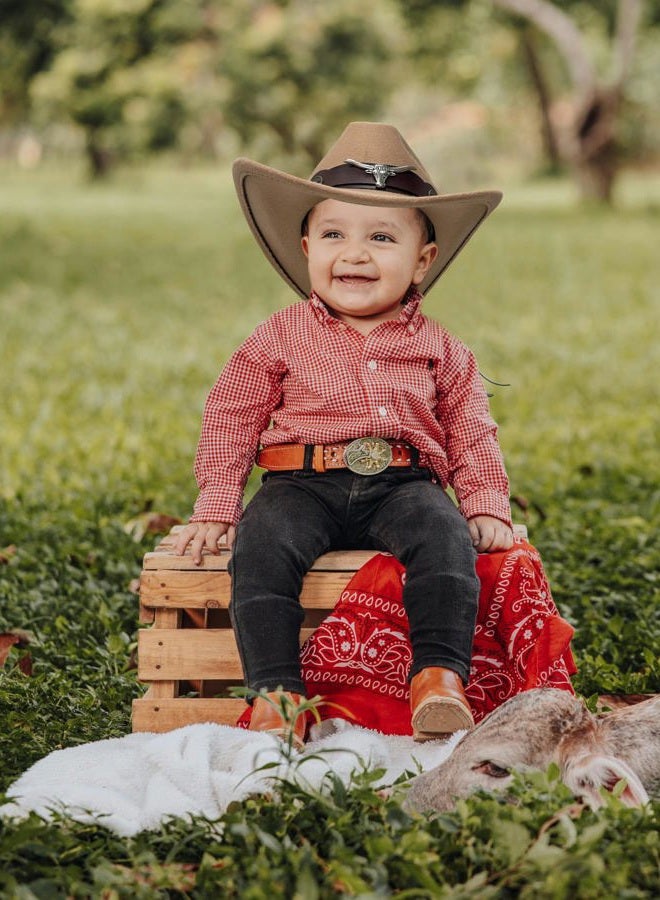 Jastore Kids Western Hats Boys Girls Cowboy Felt Hat Jazz Fedora Cowgirl Hats with Belt Buckle, Coffee, 1-3T - Image 4