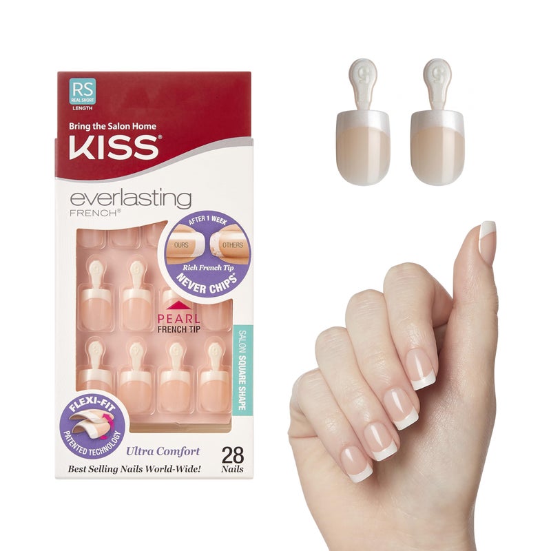 KISS Kiss Everlasting French Nail Manicure ChipFree FlexiFit Technology Real Short String of Pearls Nail Kit with Pink Nail Glue Net Wt 2g  007oz Mini File Manicure Stick and 28 Fake Nails