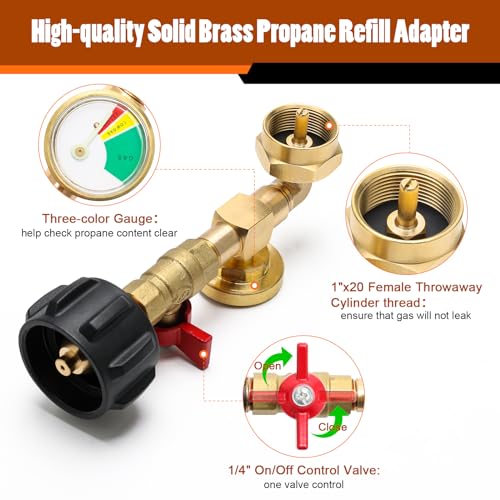 Luxiv 1+5Pcs Propane Refill Adapter for 1 Lb Tank, Luxiv 1P Propane Refill Elbow Adapter with Gauge and Valve, 4P 1LB Bottles Cap, 1 Sealing Tape from 5-40LB to 1LB Tank - Image 2