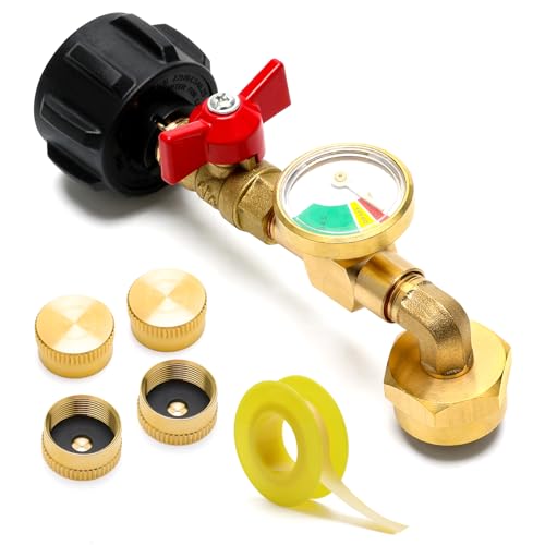 Luxiv 1+5Pcs Propane Refill Adapter for 1 Lb Tank, Luxiv 1P Propane Refill Elbow Adapter with Gauge and Valve, 4P 1LB Bottles Cap, 1 Sealing Tape from 5-40LB to 1LB Tank - Image 1