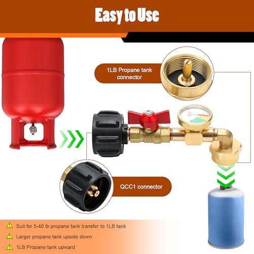 Luxiv 1+5Pcs Propane Refill Adapter for 1 Lb Tank, Luxiv 1P Propane Refill Elbow Adapter with Gauge and Valve, 4P 1LB Bottles Cap, 1 Sealing Tape from 5-40LB to 1LB Tank - Image 5