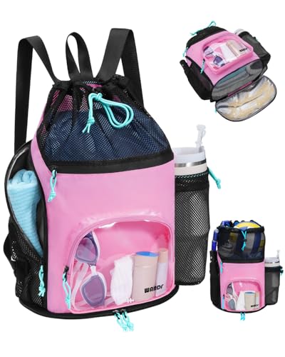 WANDF Swim Bag with Wet Pockets Sandproof Beach Backpack with 40oz Tumbler Side Pockets Mesh Drawstring Backpack Swim Bag for Swimming Pool Gym and Workout Gear Pink - Image 1