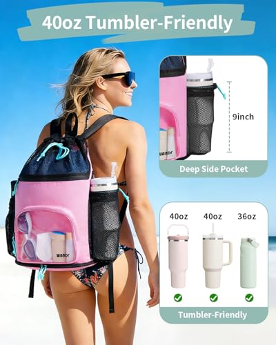WANDF Swim Bag with Wet Pockets Sandproof Beach Backpack with 40oz Tumbler Side Pockets Mesh Drawstring Backpack Swim Bag for Swimming Pool Gym and Workout Gear Pink - Image 3