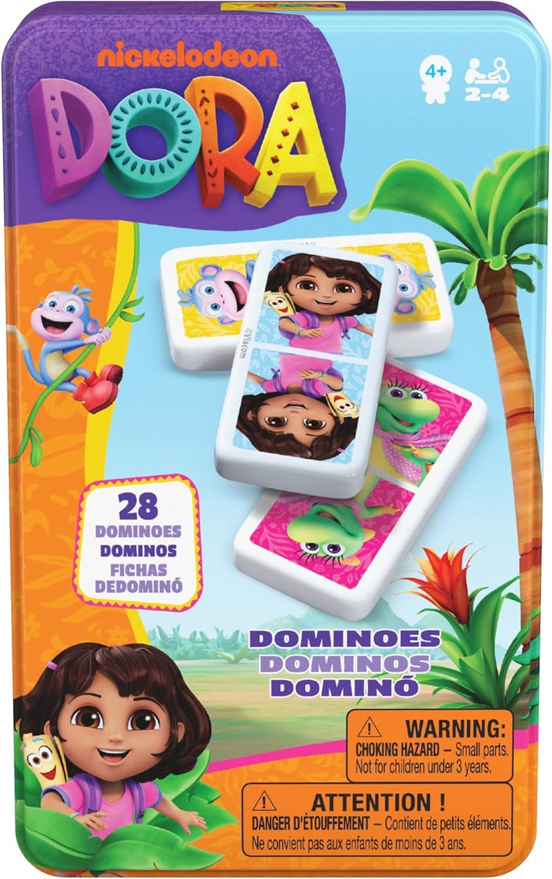 Spin Master Games Dora – Metal Box with 28 Dominoes – Explorers Characters – Board Game – Balance Game – Patience Reasoning – Storage and Transport Box – Cartoon Toy – Children's Toy 4 Years and Above - Image 1