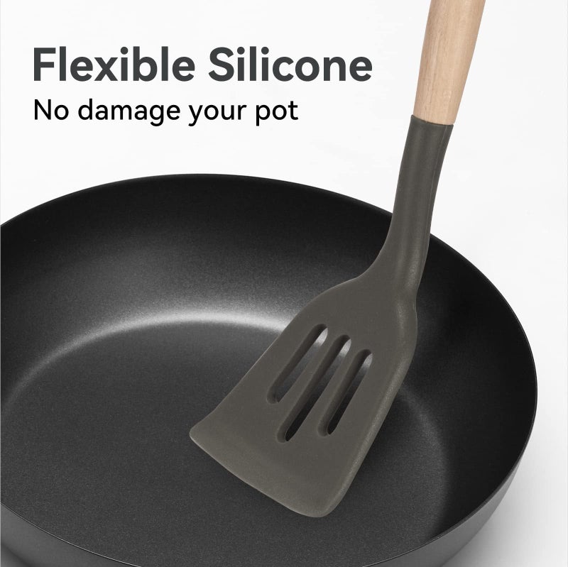 SHUNIKING Non-Stick Silicone Cooking Utensils Set, 5 Pcs with Wooden Handle, Heat Resistant Silicone Kitchen Gadgets (Gray) - Image 4