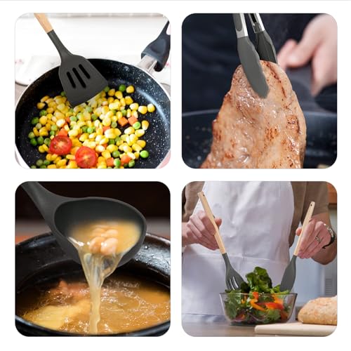 SHUNIKING Non-Stick Silicone Cooking Utensils Set, 5 Pcs with Wooden Handle, Heat Resistant Silicone Kitchen Gadgets (Gray) - Image 5