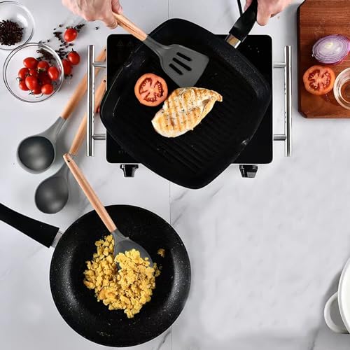 SHUNIKING Non-Stick Silicone Cooking Utensils Set, 5 Pcs with Wooden Handle, Heat Resistant Silicone Kitchen Gadgets (Gray) - Image 2