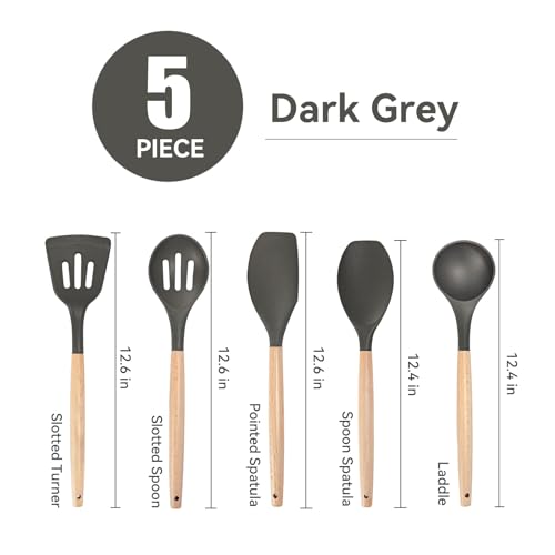 SHUNIKING Non-Stick Silicone Cooking Utensils Set, 5 Pcs with Wooden Handle, Heat Resistant Silicone Kitchen Gadgets (Gray) - Image 3