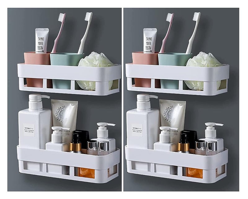 SHOPITECH 4 Pc Bathroom Set Round Corner Kitchen Bathroom Shelf SelfAdhesive Sticker Hooks Multipurpose Bathroom Storage Rack Box Strong Shower Rack Shelf - Image 1