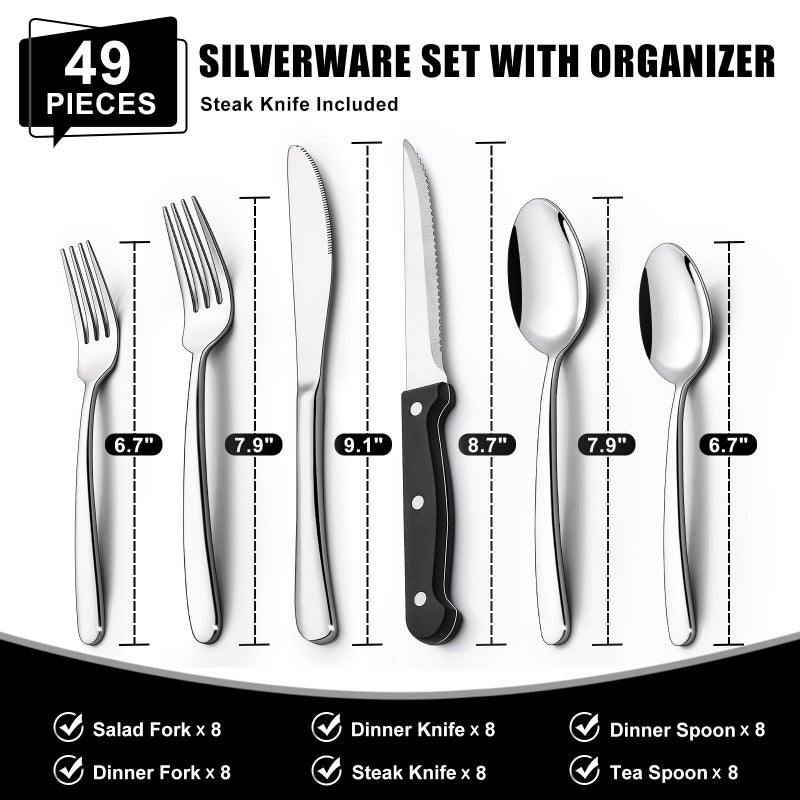 EWFEN 49-Piece Silverware Set with Organizer, Heavy Duty Stainless Steel Flatware Set for 8, Cutlery Utensil Sets with Steak Knives, Rust-proof, Mirror Polished, Dishwasher Safe, Heavy Duty - Image 2