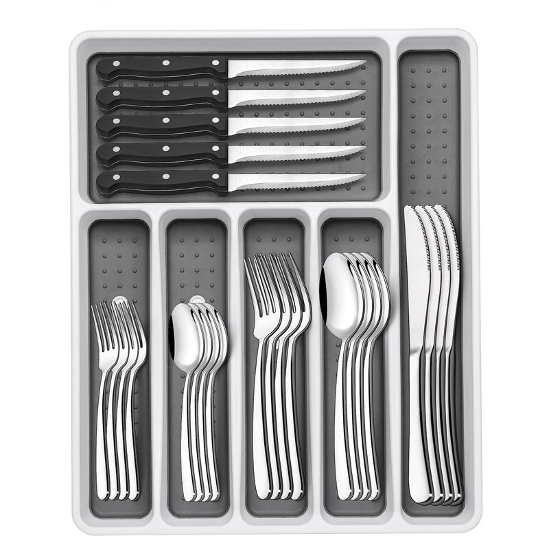 EWFEN 49-Piece Silverware Set with Organizer, Heavy Duty Stainless Steel Flatware Set for 8, Cutlery Utensil Sets with Steak Knives, Rust-proof, Mirror Polished, Dishwasher Safe, Heavy Duty - Image 1
