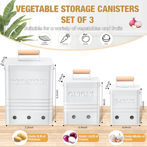 Widecook 3 Pcs Potato Onion Garlic Storage Bin Metal Vegetable Keeper Container with Lid Aerating Hole Farmhouse Style for Kitchen Counter Pantry Sweet-potato Carrot Fruit Keep Fresh Longer (White) - Image 2