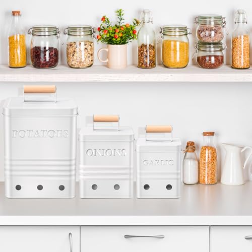 Widecook 3 Pcs Potato Onion Garlic Storage Bin Metal Vegetable Keeper Container with Lid Aerating Hole Farmhouse Style for Kitchen Counter Pantry Sweet-potato Carrot Fruit Keep Fresh Longer (White) - Image 5