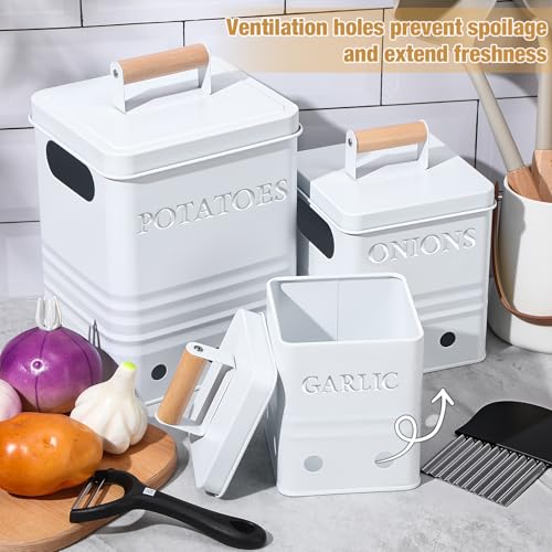 Widecook 3 Pcs Potato Onion Garlic Storage Bin Metal Vegetable Keeper Container with Lid Aerating Hole Farmhouse Style for Kitchen Counter Pantry Sweet-potato Carrot Fruit Keep Fresh Longer (White) - Image 4