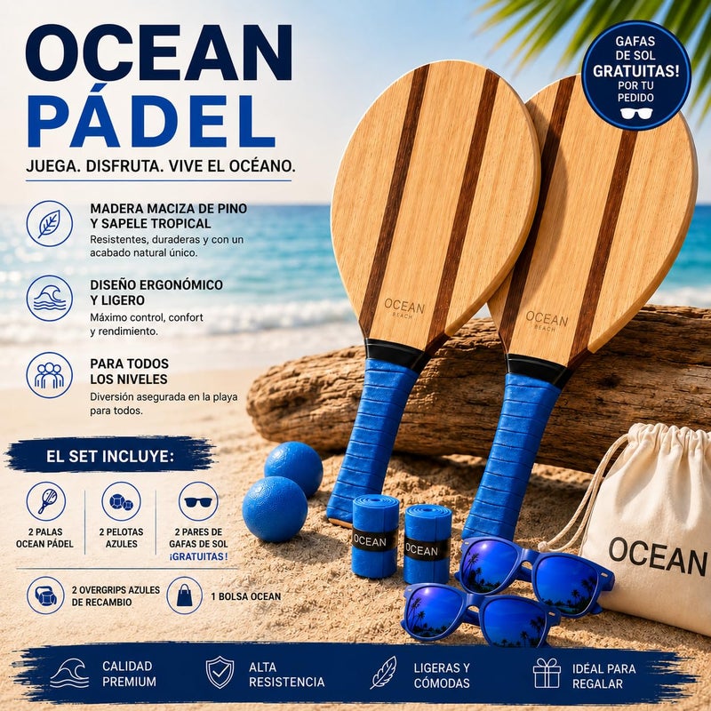 Ocean Paddle Premium Set of Wooden Beach Paddles, 2 Frescobol/Beach Tennis Paddles with 2 Balls, Carrying Bag and 2 Sunglasses, Blue Handle - Image 2