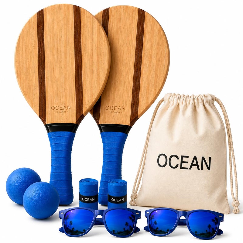 Ocean Paddle Premium Set of Wooden Beach Paddles, 2 Frescobol/Beach Tennis Paddles with 2 Balls, Carrying Bag and 2 Sunglasses, Blue Handle - Image 1